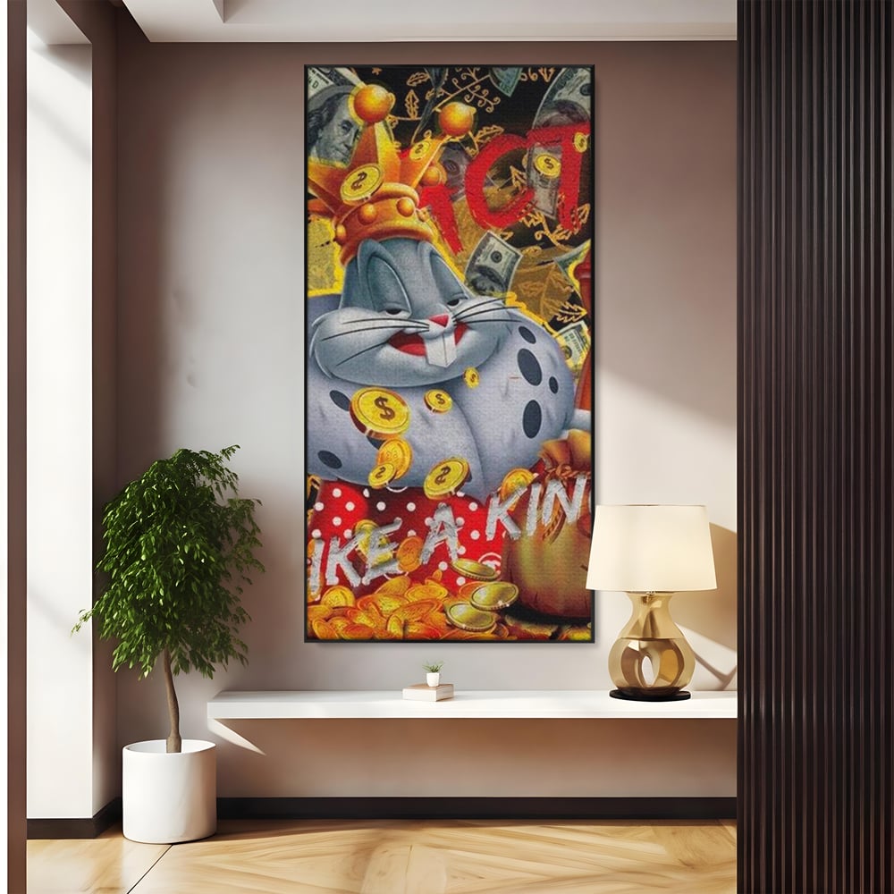 Tablou canvas cu tablou canvas cu bugs bunny rege, in rama de aluminiu negru